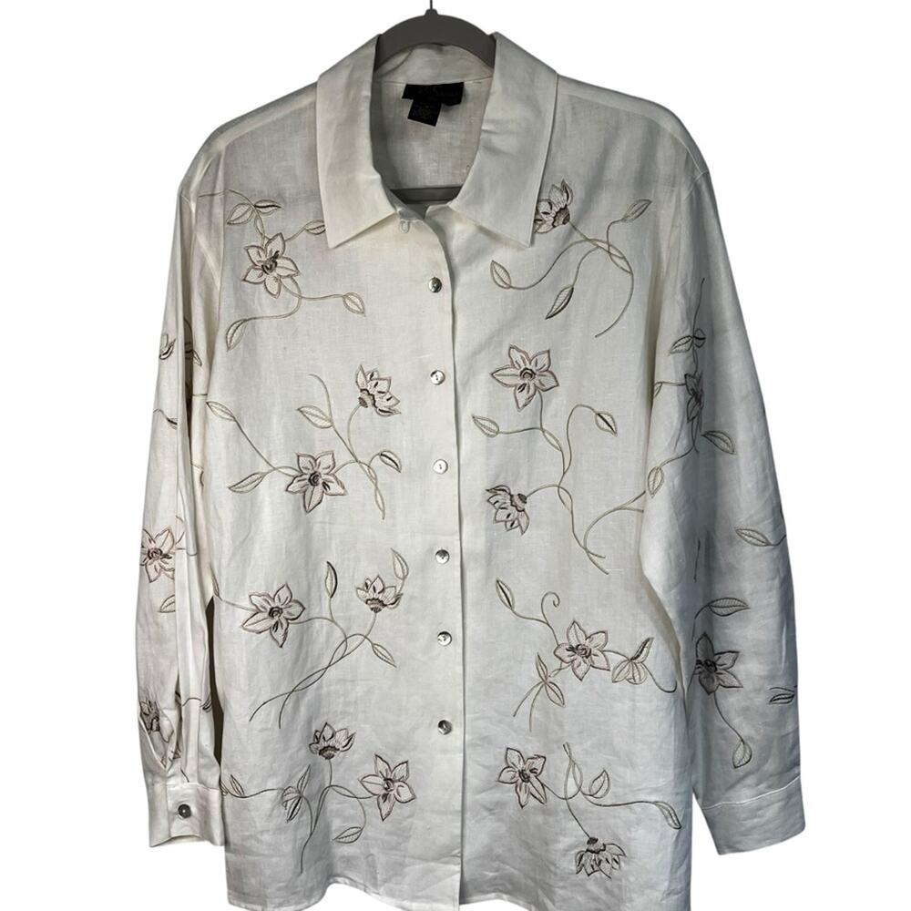 Vintage 100% Linen Embroidered Floral Shirt Tunic To | C.B. Studio | Medium